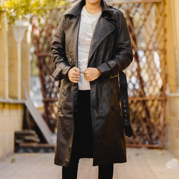 Womens Leather Long Coat-Black - ZOQ Leather