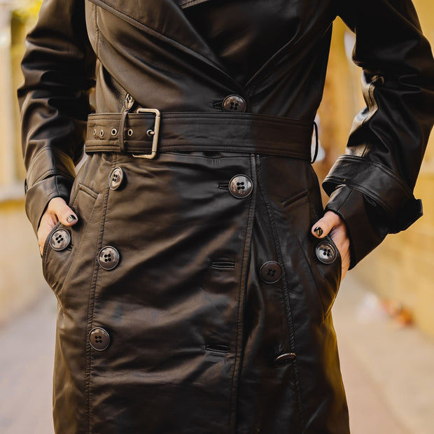 Womens Leather Long Coat-Black - ZOQ Leather