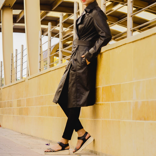Womens Leather Long Coat-Black - ZOQ Leather