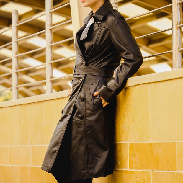 Womens Leather Long Coat-Black - ZOQ Leather