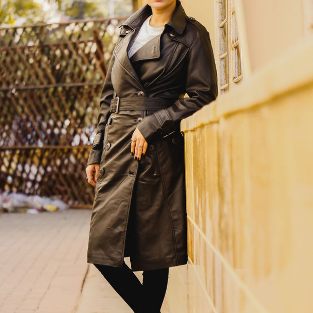 Womens Leather Long Coat-Black - ZOQ Leather