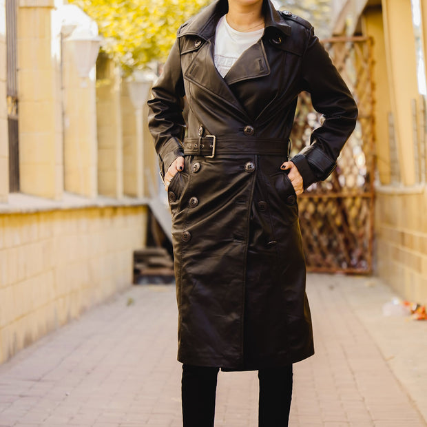 Womens Leather Long Coat-Black - ZOQ Leather
