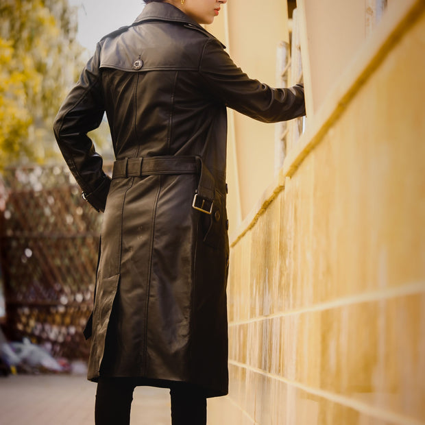 Womens Leather Long Coat-Black - ZOQ Leather