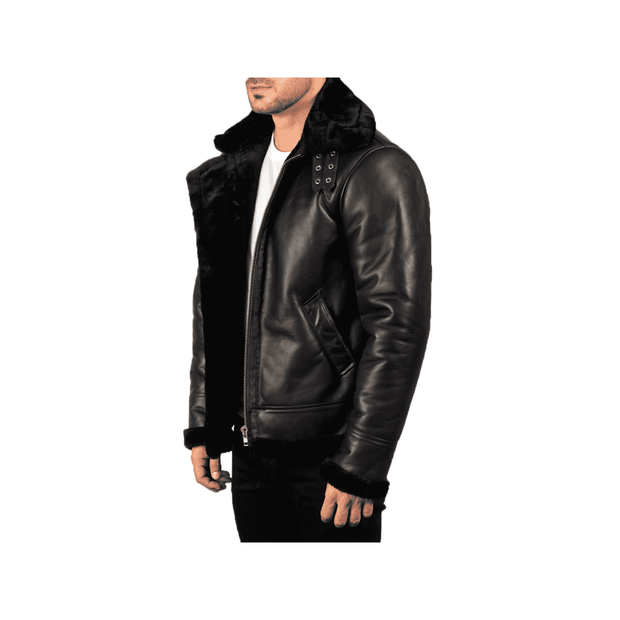 Men's Black Leather Jacket with Sheepskin Fur - ZOQ Leather