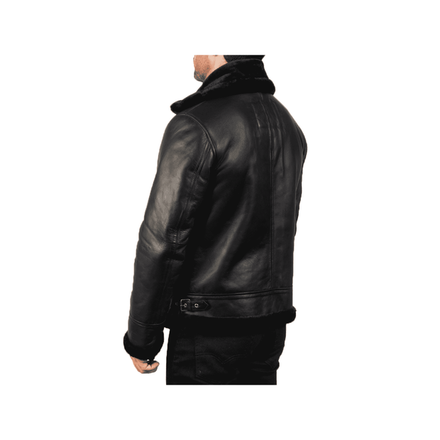 Men's Black Leather Jacket with Sheepskin Fur - ZOQ Leather