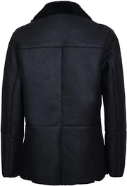 Mens Black German Double Breasted Real Sheepskin Shearling Leather Jacket Coat - ZOQ Leather