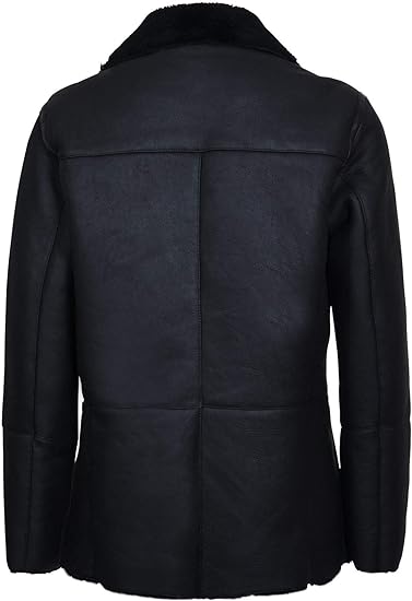 Mens Black German Double Breasted Real Sheepskin Shearling Leather Jacket Coat - ZOQ Leather