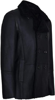 Mens Black German Double Breasted Real Sheepskin Shearling Leather Jacket Coat - ZOQ Leather