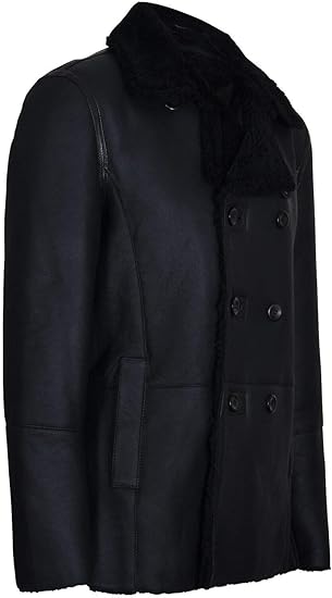 Mens Black German Double Breasted Real Sheepskin Shearling Leather Jacket Coat - ZOQ Leather