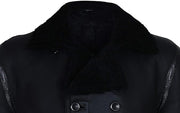 Mens Black German Double Breasted Real Sheepskin Shearling Leather Jacket Coat - ZOQ Leather