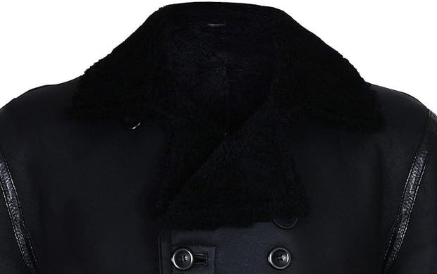 Mens Black German Double Breasted Real Sheepskin Shearling Leather Jacket Coat - ZOQ Leather