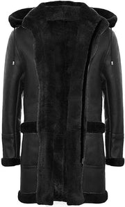 Long Real Sheepskin Leather Ginger Brown Hooded Duffle Coat - ZOQ Leather