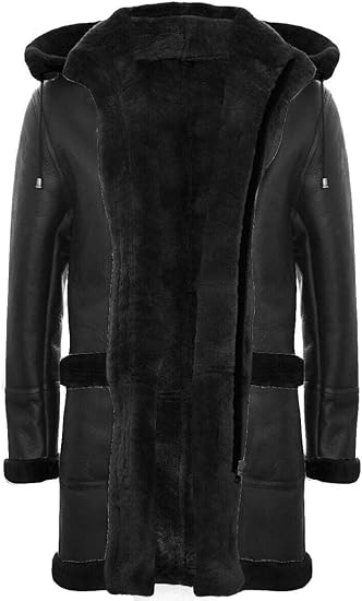 Long Real Sheepskin Leather Ginger Brown Hooded Duffle Coat - ZOQ Leather