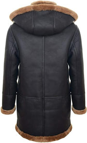 Long Real Sheepskin Leather Ginger Brown Hooded Duffle Coat - ZOQ Leather