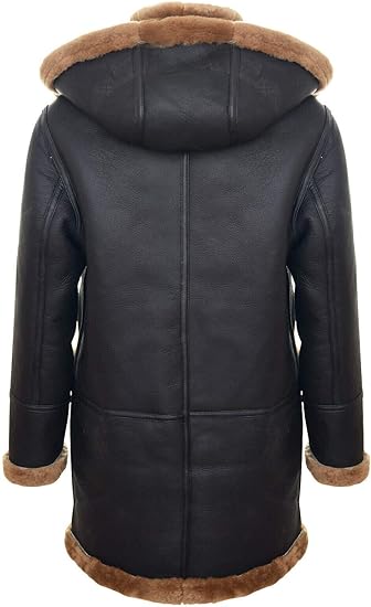 Long Real Sheepskin Leather Ginger Brown Hooded Duffle Coat - ZOQ Leather