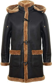 Long Real Sheepskin Leather Ginger Brown Hooded Duffle Coat - ZOQ Leather