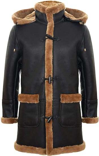 Long Real Sheepskin Leather Ginger Brown Hooded Duffle Coat - ZOQ Leather