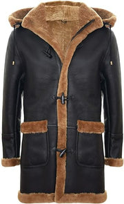 Long Real Sheepskin Leather Ginger Brown Hooded Duffle Coat - ZOQ Leather