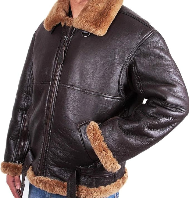 Men's Shearling Aviator Jacket - Genuine Leather with Fur Collar | Classic Winter Bomber Style - ZOQ Leather