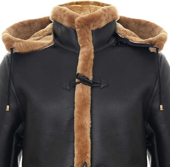Long Real Sheepskin Leather Ginger Brown Hooded Duffle Coat - ZOQ Leather