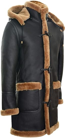 Long Real Sheepskin Leather Ginger Brown Hooded Duffle Coat - ZOQ Leather