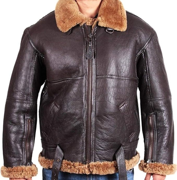 Men's Shearling Aviator Jacket - Genuine Leather with Fur Collar | Classic Winter Bomber Style - ZOQ Leather