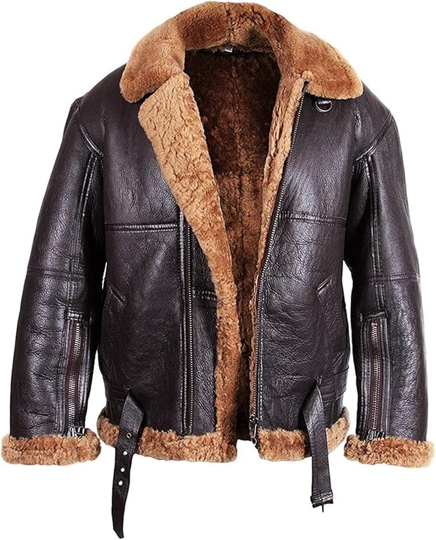 Men's Shearling Aviator Jacket - Genuine Leather with Fur Collar | Classic Winter Bomber Style - ZOQ Leather