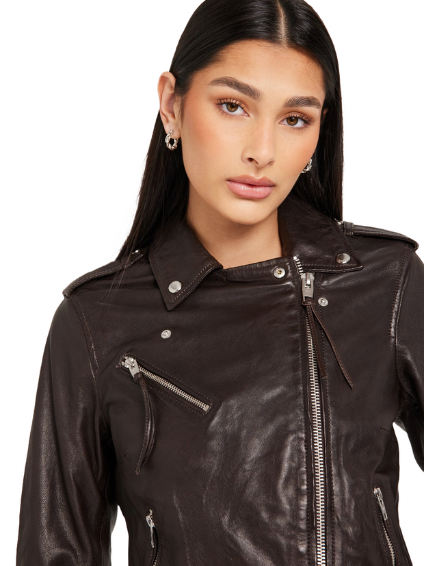 Saddle Brown Women's Biker Leather Jacket - ZOQ Leather