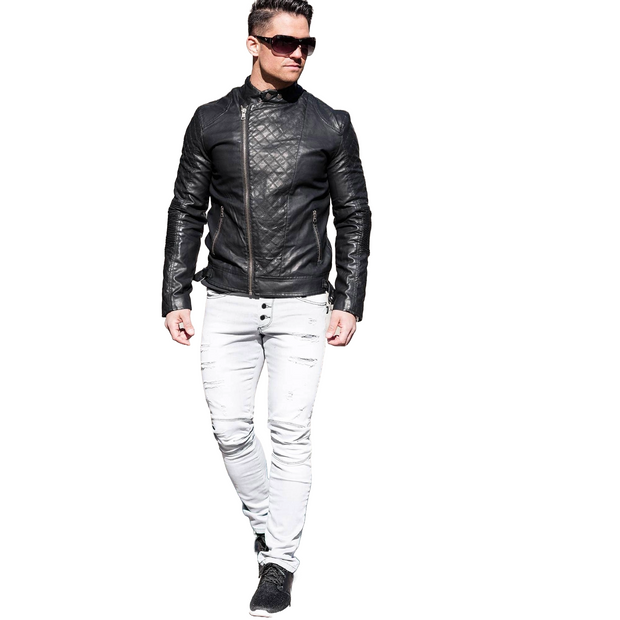 Stylish Diamond Quilted Sheepskin Leather Motorcycle Jacket for Men in Black - ZOQ Leather
