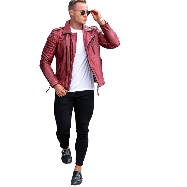 Unleash Your Inner Rebel with Men's Trendy Red Quilted Biker Sheepskin Leather Jacket - ZOQ Leather