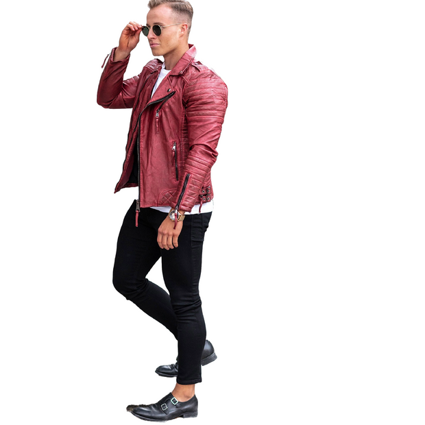 Unleash Your Inner Rebel with Men's Trendy Red Quilted Biker Sheepskin Leather Jacket - ZOQ Leather