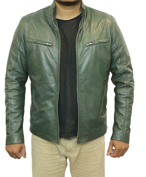 Vintage Style Green Cafe Racer Leather Motorcycle Jacket for Biker Fashion - ZOQ Leather