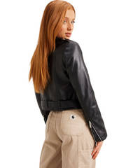 Black Cropped Biker Leather Jacket with Waist Belt for Women - ZOQ Leather