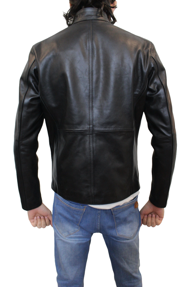 Sleek Black Cafe Racer Lambskin Leather Motorcycle Jacket for Men's Fashion - ZOQ Leather