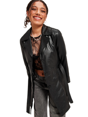 Classic Black Short Trench Coat in Lambskin Leather for Women With Waist Tie - ZOQ Leather