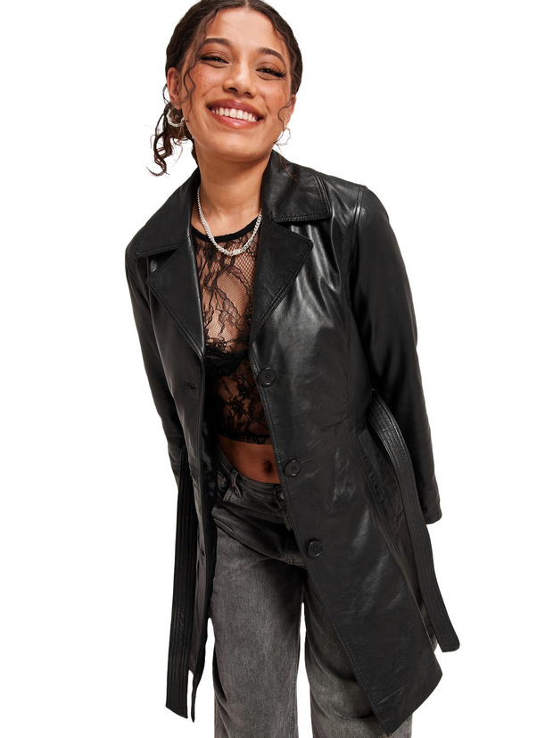 Classic Black Short Trench Coat in Lambskin Leather for Women With Waist Tie - ZOQ Leather