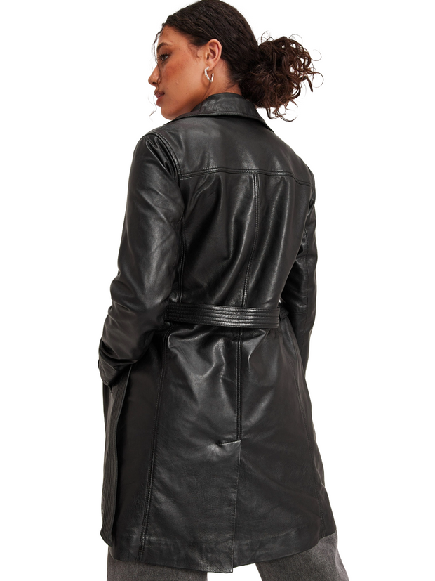Classic Black Short Trench Coat in Lambskin Leather for Women With Waist Tie - ZOQ Leather