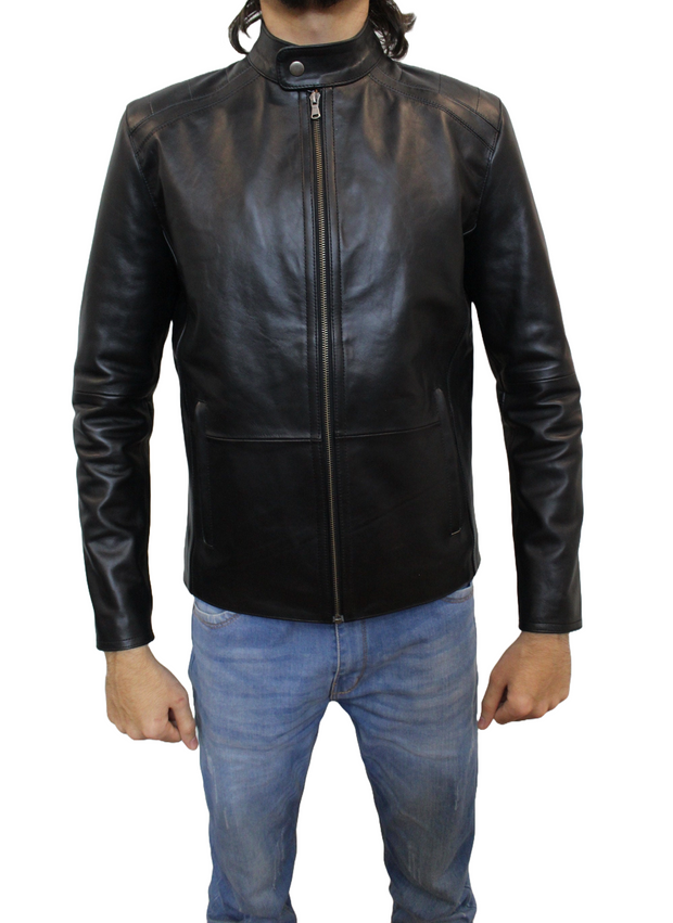 Sleek Black Cafe Racer Lambskin Leather Motorcycle Jacket for Men's Fashion - ZOQ Leather