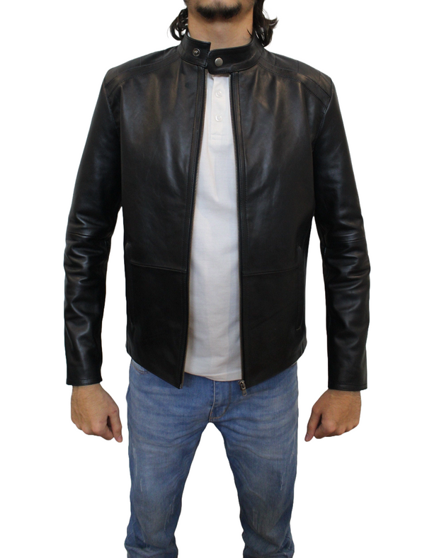 Sleek Black Cafe Racer Lambskin Leather Motorcycle Jacket for Men's Fashion - ZOQ Leather
