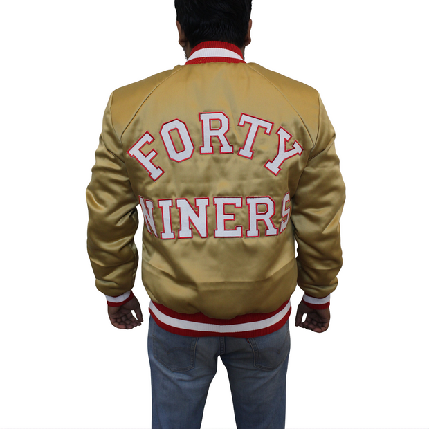 NFL San Francisco Forty Niners 49ers Gold Satin Men's Jacket -fanmade hand stitched for Football Fans - ZOQ Leather