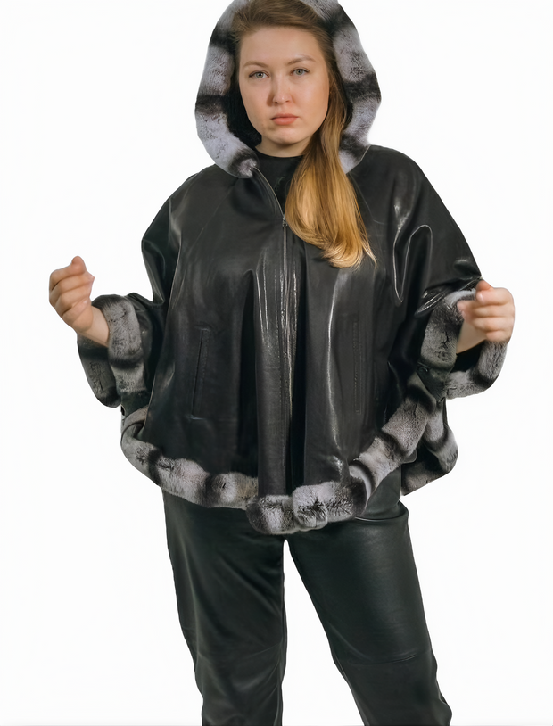 Reversible and Plus Size Leather Jacket Big Size Genuine Lamb Leather Pancho with Real Rex Rabbit - ZOQ Leather