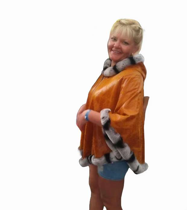 Reversible and Plus Size Leather Jacket Big Size Genuine Lamb Leather Pancho with Real Rex Rabbit - ZOQ Leather