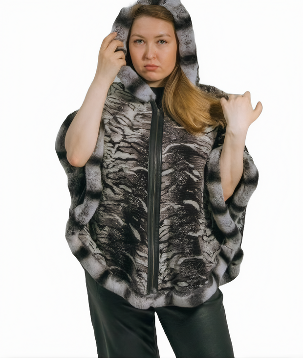 Reversible and Plus Size Leather Jacket Big Size Genuine Lamb Leather Pancho with Real Rex Rabbit - ZOQ Leather