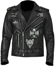 Men's Black Leather Biker Jacket with Doom Crew Inc Patches – Stylish & Durable Motorcycle Gear - ZOQ Leather