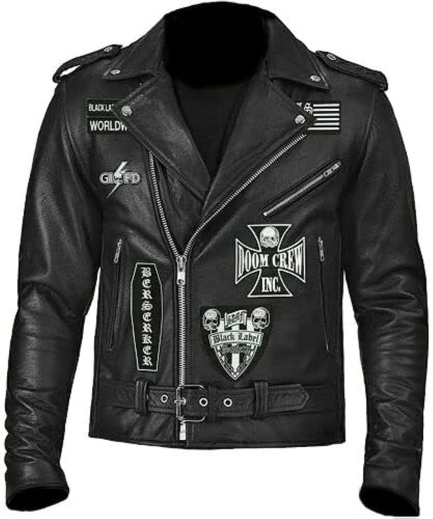 Men's Black Leather Biker Jacket with Doom Crew Inc Patches – Stylish & Durable Motorcycle Gear - ZOQ Leather