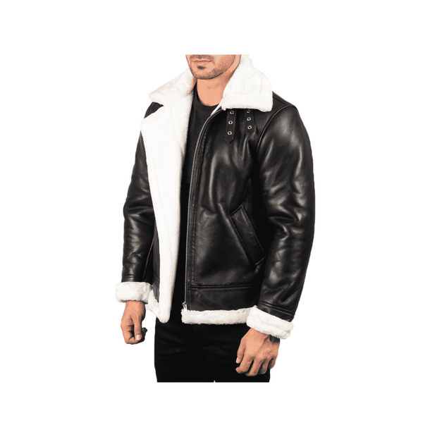 Men's Black Leather Jacket with Sheepskin Fur - ZOQ Leather