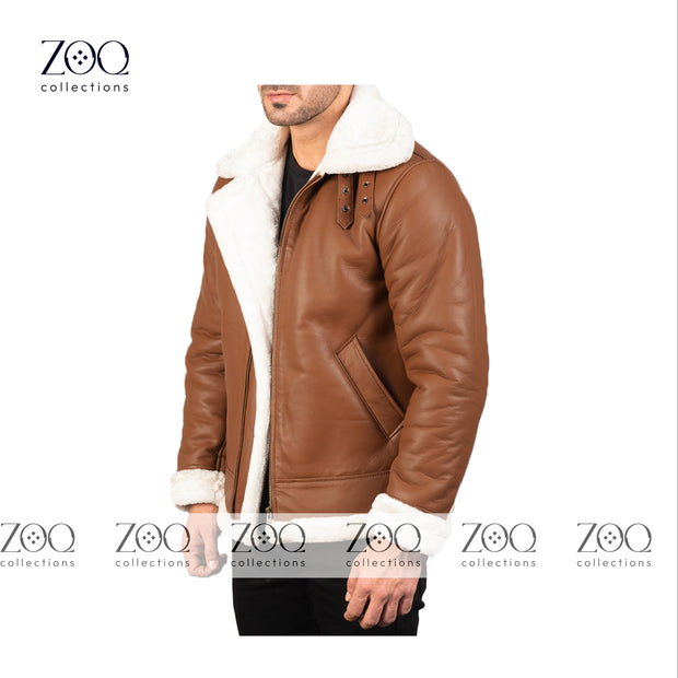 Men's Leather Jacket with Sheepskin Fur Shearling in brown leather with white fur - ZOQ Leather