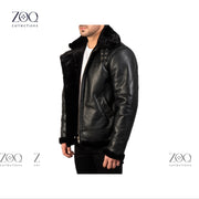 Men's Leather Jacket with Sheepskin Fur Shearling in Black leather with Black fur - ZOQ Leather
