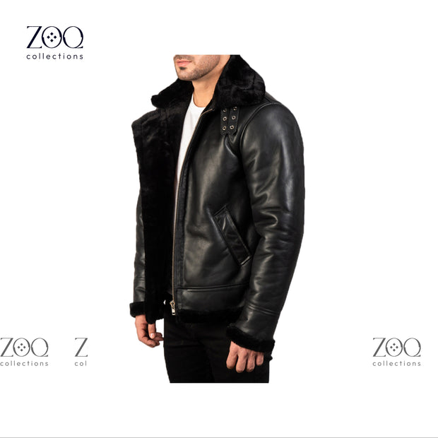 Men's Leather Jacket with Sheepskin Fur Shearling in Black leather with Black fur - ZOQ Leather