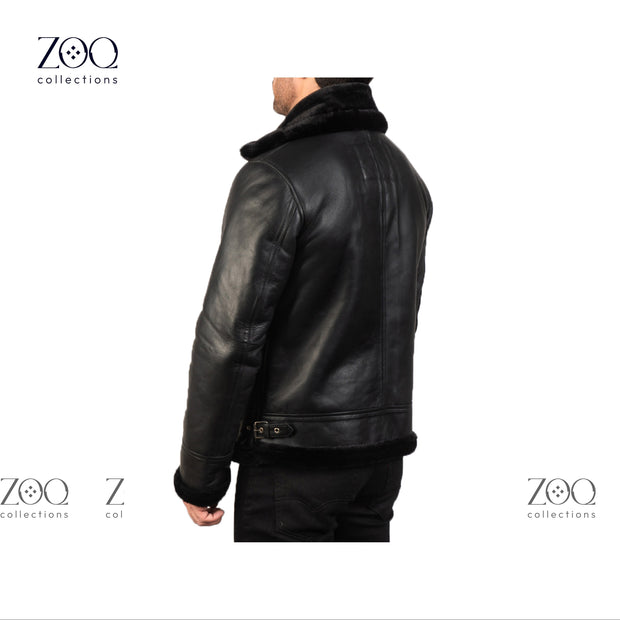 Men's Leather Jacket with Sheepskin Fur Shearling in Black leather with Black fur - ZOQ Leather